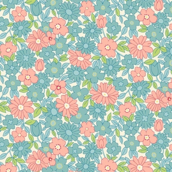 Nana Mae V 1930's Spaced Flowers in Aqua Nana Mae V 1930's Spaced Flowers in Aqua