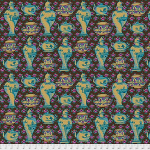 May include: A brown fabric with a repeating pattern of blue and gold teapots, cups, and vases. The pattern is outlined in pink and green.