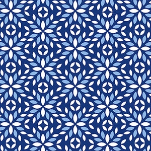 May include: A seamless pattern with a repeating design of white and blue stylized flower shapes on a dark blue background.