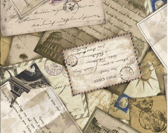 May include: A collage of vintage postcards and letters with stamps and handwritten script. The postcards feature iconic landmarks like the Eiffel Tower, the Colosseum, and the Statue of Liberty. The color palette is primarily beige, brown, and faded blue.
