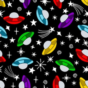 Blank Quilting Amazing Aliens Space Ships Black Cotton Fabric By The Yard