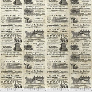 May include: A repeating pattern of vintage-style advertisements printed on fabric, featuring black text and illustrations of horse-drawn carriages, tombstones, and mortars on a beige background, with a ruler visible at the bottom edge.