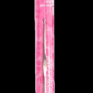 May include: A pink and white package containing a Susan Bates Steelite steel crochet hook, size 2.10 mm (US size 3).