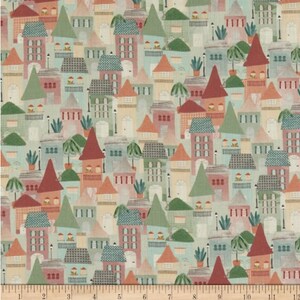 Stof of France Viaje Town Green Cotton Quilting Fabric By The Yard