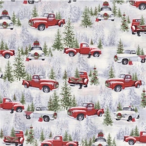 Henry Glass Tradition Continues Medium Trucks Grey/Red Cotton Fabric By The Yard