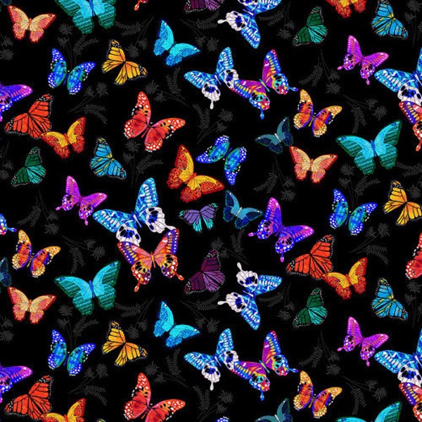 Blank Quilting Mariposa Dance Scattered Butterfly Black Cotton Fabric By The Yard