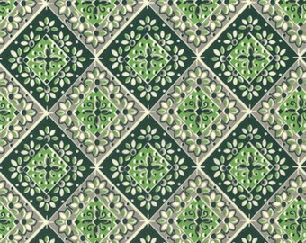 Pode incluir: Um padrão repetido de losangos verdes, brancos e pretos com um desenho floral. O fundo é de cor verde escuro.