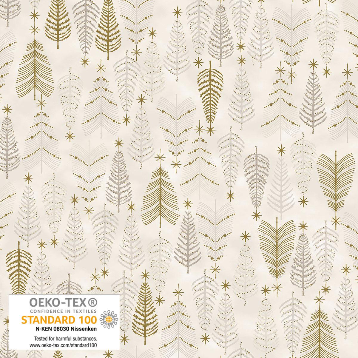 Stof European We Love Christmas Trees Cream & Gold Cotton Quilting Fabric By The Yard