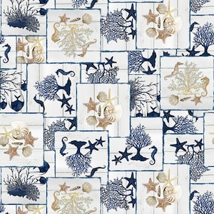 May include: A seamless pattern featuring a white background with blue and gold sea life motifs. The pattern includes seahorses, starfish, seashells, and coral. The design is reminiscent of a nautical theme.