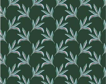Puede incluir: Una tela de color verde oscuro con un patrón repetitivo de hojas estilizadas. Cada grupo de hojas está delineado en azul claro y rosa suave, creando un motivo botánico consistente en toda la superficie del material.