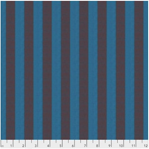 May include: A length of fabric featuring vertical stripes in teal and dark brown. The stripes are evenly spaced and run the length of the material. The fabric has a textured appearance, suggesting a woven material. The image shows a ruler along the bottom edge.