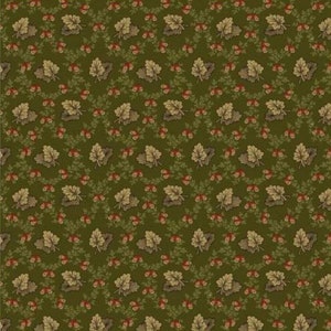 Puede incluir: Una tela verde sin costuras con un patrón repetitivo de hojas beige y pequeñas bayas rojas.