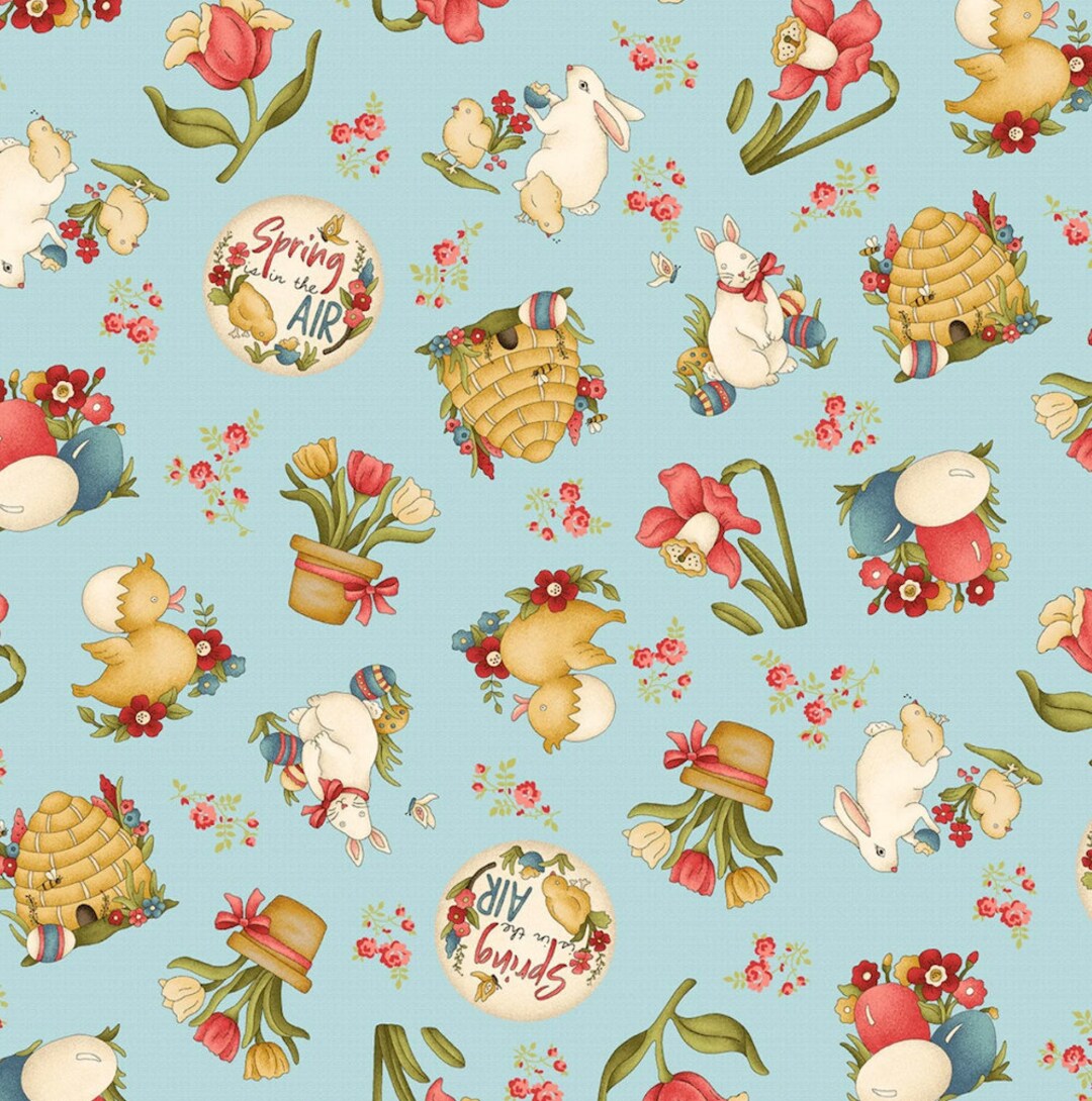 Henry Glass Spring is in the Air Novelty Toss Lt Blue Cotton Fabric by ...