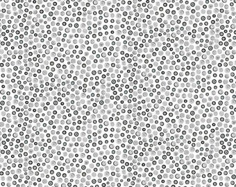 Könnte beinhalten: Ein weißer Hintergrund mit einem sich wiederholenden Muster aus kleinen schwarzen Kreisen mit einem Design in jedem Kreis.