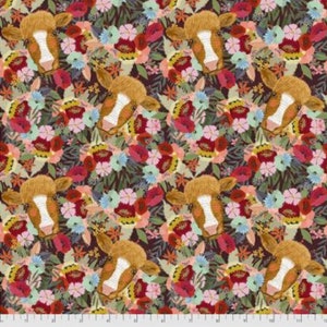 Mia Charro Farm Friends Floral Cow Multi Cotton Fabric cortado a medida
