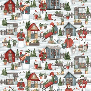 Tissu en coton bleu clair, bonhommes de neige de jardinage Henry Glass, par mètre