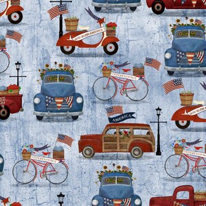 3 Wishes 17345 Patriotic Summer Vehicle Blue Cotton Fabric By The Yard