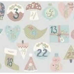 Könnte beinhalten: Ein farbenfroher Adventskalender mit Illustrationen eines Vogels, eines Pilzes, eines Strumpfes, eines Weihnachtsbaums und einer Glocke. Jede Illustration hat eine Nummer von 1 bis 24.