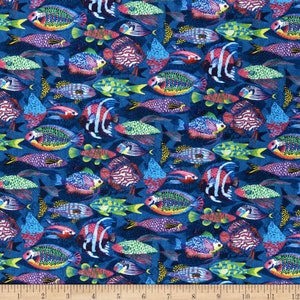 Stof of France Coris Fish Bleu Cotton Quilting Fabric By The Yard