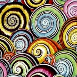 Może przedstawiać: Wibrujący wzór przedstawiający liczne nakładające się na siebie koliste spirale w różnych kolorach, w tym żółtym, zielonym, niebieskim, pomarańczowym, różowym i ciemnofioletowym. Każda spirala ma grube, ciemne kontury i teksturę pociągnięć pędzla.
