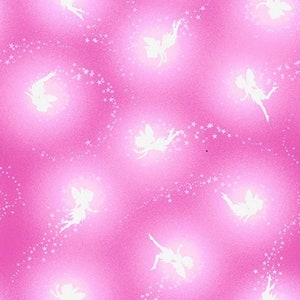 May include: A pink background with a repeating pattern of white fairy silhouettes flying with trails of white stars.