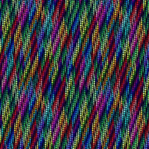 May include: Abstract seamless pattern with colorful wavy lines made of small circles. The background is black. The colors are bright and vibrant, including red, orange, yellow, green, blue, purple, and pink.