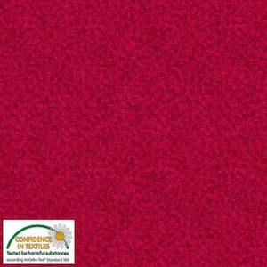 Puede incluir: Una tela roja con un pequeño patrón abstracto oscuro. La tela está certificada por Oeko-Tex Standard 100, lo que significa que ha sido probada para sustancias nocivas.