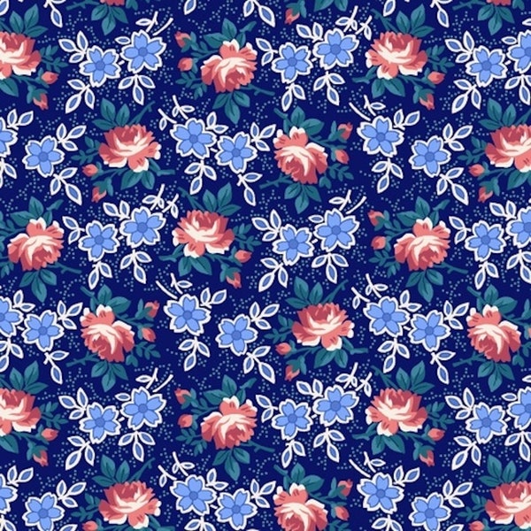 Henry Glass 1325-77 Windsor Park Roses Navy Cotton Quilting Fabric By Yard