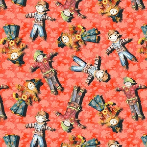 Blank Quilting Golden Days Tossed Scarecrows Coral Cotton Fabric By The Yard