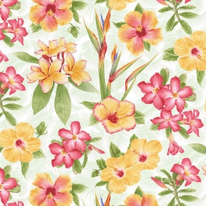 Henry Glass Pink Paradise Tossed Tropical Flowers Multi Fabric By Yard