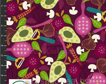 Stof European My Veggie Garden Vegetabe Salas Aubergine Cotton Fabric By The Yard