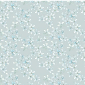 May include: A seamless pattern featuring delicate, light blue watercolor flowers on a pale blue background.