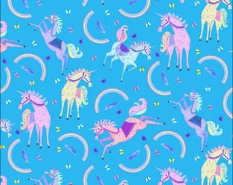 Henry Glass Moonbeams & Rainbows Tossed Unicorns Cyan Cotton Fabric By The Yard