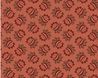 Puede incluir: Un patrón sin costuras con un diseño repetitivo de motivos florales estilizados en tonos marrones, verdes y crema sobre un fondo terracota.