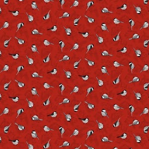 May include: A red background with a repeating pattern of small, gray birds. The birds are facing different directions and are all the same size.