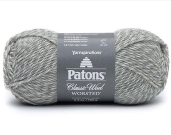 May include: A skein of Patons Classic Wool Worsted yarn in a gray and white heather colorway. The label reads "Patons Classic Wool Worsted" and "Yarnspirations".