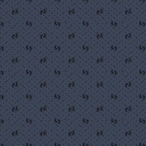 May include: A dark blue fabric with a repeating pattern of small black circles and a stylised swirl design.