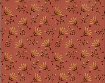 Puede incluir: Un patrón de tejido sin costuras con un diseño repetitivo de hojas amarillas estilizadas y pequeñas estrellas rojas sobre un fondo terracota.