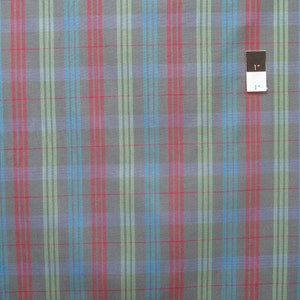 Puede incluir: Tela a cuadros gris con rayas verticales y horizontales rojas, azules y verdes. La tela tiene una regla de 2,54 cm para la escala. El patrón es un diseño de cuadros clásico.