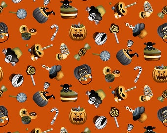 Henry Glass Halloween Ball Scary Treats Orange Cotton Fabric By The Yard