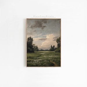 Vintage Meadow Landscape Wall Art Print, Muted Tonal Painting, Summer Wall Art, Country Nature Scene, Digital Download