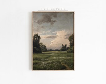 Vintage Meadow Landscape Print, Muted Summer Painting (Digital Download)