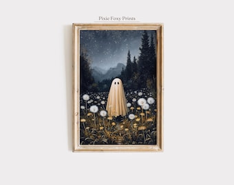 Halloween Ghost Painting Print, Starry Night Mountain Art (Digital Download)