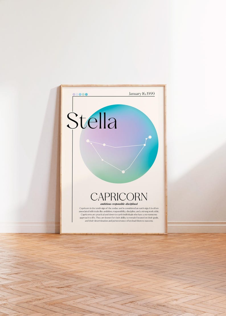 May include: A framed poster with a Capricorn zodiac design. The poster has a light beige background with the name "Stella" in large black text. A colourful blue, purple, and green circle contains the Capricorn constellation.