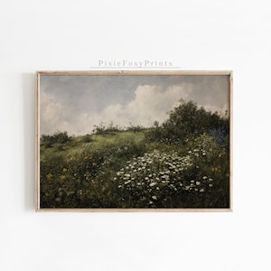 Vintage Wildflower Field Wall Art Print, Vintage Woodland Landscape Painting, Muted Tonal Painting, Summer Wall Art, Digital Download