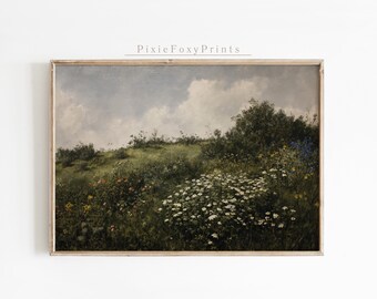 Vintage Wildflower Field Painting, Muted Landscape Wall Art (Digital Download)
