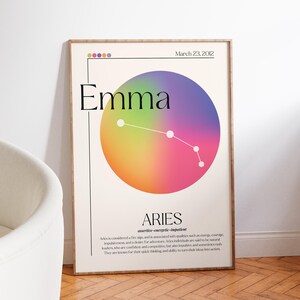 May include: A framed print with the name "Emma" above a vibrant, multi-coloured circle and the Aries constellation. The word "ARIES" and a description of Aries traits are below. The date "March 23, 2012" is at the top of the print.