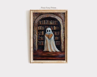 Duch w bibliotece – wydruk artystyczny, kapryśna, upiorna dekoracja na Halloween (do pobrania w wersji cyfrowej)