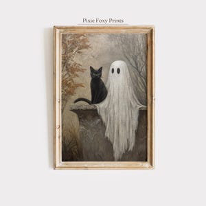 Halloween Wall Art, Cute Ghost with Black Cat, Vintage Spooky Autumn Printable, Rustic Gothic Witchy Home Decor