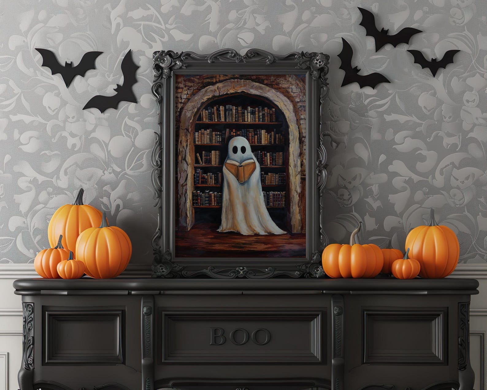 Ghost in Library Art Print, Whimsical Spooky Halloween Decor (digital ...